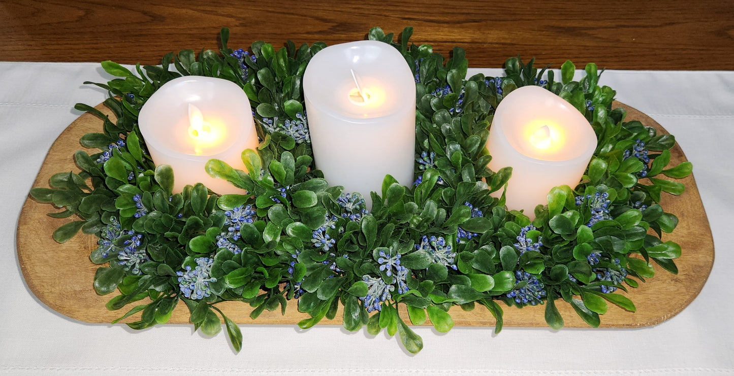 Dough Bowl with Three Ring Wreath and Candles