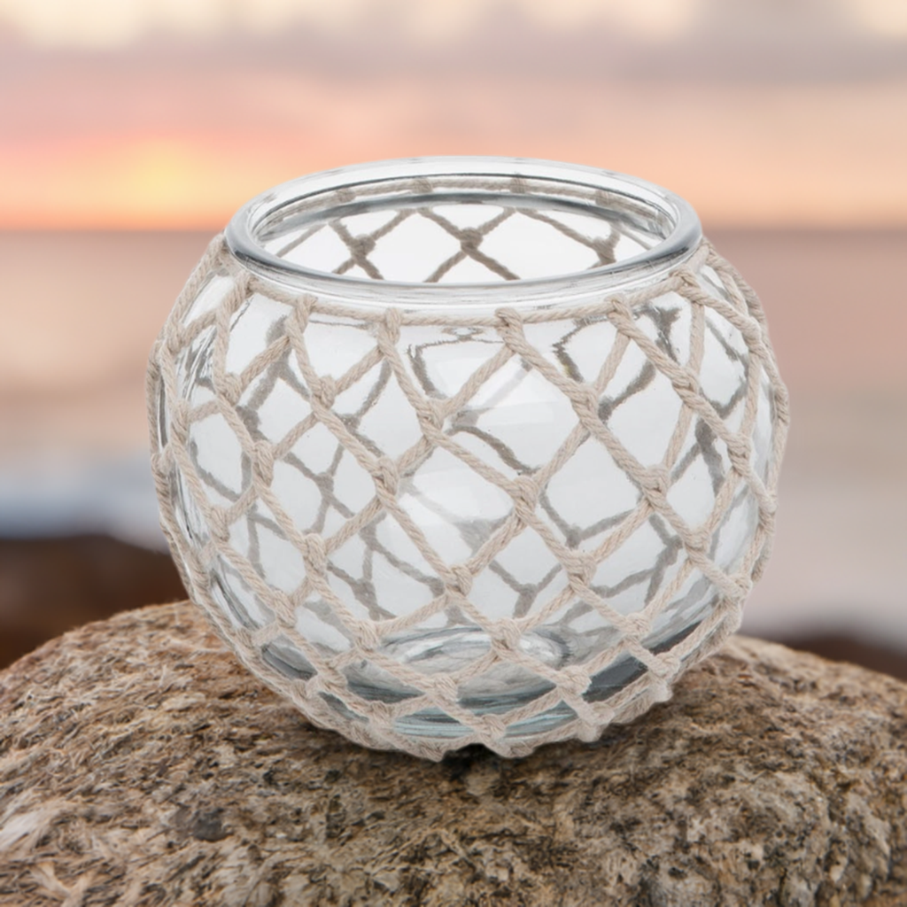 Light Sea Blue Glass Tealight with Rope Weave